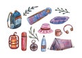 Camping items set. Watercolor cliparts on a white background.