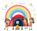 Camping kids with rainbow