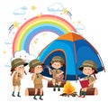 Camping kids with rainbow