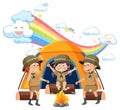 Camping kids with rainbow in the sky