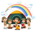 Camping kids with rainbow in the sky