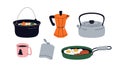 Camping kit for cooking food. Hiking kitchen appliances, cookware set. Tea kettle, picnic pot, coffee maker, mug, metal Royalty Free Stock Photo