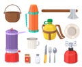 Camping kitchenware and travel supplies vector set Royalty Free Stock Photo