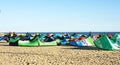 Camping of Kitesurfers on the beach of Castelldefels Royalty Free Stock Photo