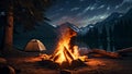 Camping by the lake in the forest at night. 3d rendering, AI Generated