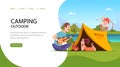 Camping landing. Kids on vacation outdoor relax family father playing on guitar spend time with kids near campfire