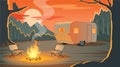 Camping landscape with camper, silhouettes loving couple in the trailer, mountains, forest and bonfire in evening