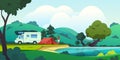 Camping landscape. Cartoon countryside with forest lake and camp, beautiful nature scene. Vector summer vacation Royalty Free Stock Photo