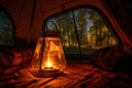 camping lantern illuminating the interior of a tent
