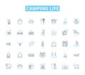 Camping life linear icons set. Adventure, Bonfire, Backpack, Tent, Hiking, Marshmallow, Nature line vector and concept