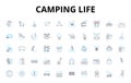 Camping life linear icons set. Adventure, Bonfire, Backpack, Tent, Hiking, Marshmallow, Nature vector symbols and line