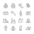 Camping line icon set. Tourist vector symbols include compass, backpack, berry, forest, fish, camera, pocket knife, tent.