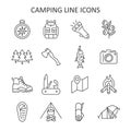 Camping line icon set. Tourist vector symbols include compass, backpack, berry, forest, fish, camera, pocket knife, tent, bonfire Royalty Free Stock Photo