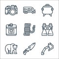 camping line icons. linear set. quality vector line set such as axe, pocket knife, bear, binocular, rope, flask, pot, trailer