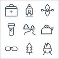 Camping line icons. linear set. quality vector line set such as barbecue, tree, sunglasses, kettle, river, torch, kayak, lamp