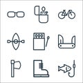 Camping line icons. linear set. quality vector line set such as fishing, boots, hatchet, blade, matches, kayak, bicycle, lighter Royalty Free Stock Photo