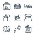 camping line icons. linear set. quality vector line set such as flask, axe, bear, kettle, map, lighter, trailer, cabin