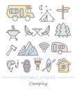 Camping line icons set. Vector illustration with editable stroke