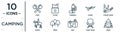 camping linear icon set. includes thin line axes, thermos, pocket knife, trees, camp chair, pines, jockey icons for report,