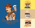 Camping logo and labels. Mountains and lumberjack and goat. Trip in the forest, outdoor, adventure is waiting. Colored