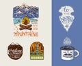 Camping logo and labels. Mountains and pine trees. Trip in the forest, outdoor, adventure is waiting. Colored badges on