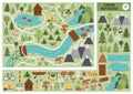 Camping map creator. Set of flat cartoon elements for constructing summer camp activity. Vector nature clip art with mountains,