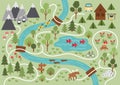 Camping map. Summer camp background. Vector nature clip art or infographic elements with mountains, trees, forest, moose, river,