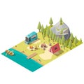 Camping on mountain lake shore isometric vector