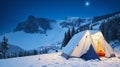 A camping in the mountain with snowfalling