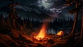 Camping in the mountains by the lake at night with bonfire and tent, AI Generated