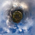 Camping in mountains lake under a blue sky in the clouds. sand beach. Tiny little planet 360 Royalty Free Stock Photo