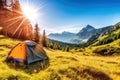 Camping in mountains at sunny day Royalty Free Stock Photo