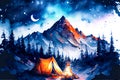 Camping in the mountains under the stars. Watercolor illustration Royalty Free Stock Photo