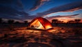 Camping in nature beauty, sunset illuminates tranquil tent generated by AI