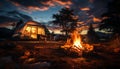 Camping in nature, campfire outdoors, flame burning, dusk sunset generated by AI Royalty Free Stock Photo