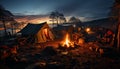 Camping in nature, fire natural phenomenon, flame lights tent outdoors generated by AI Royalty Free Stock Photo