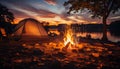 Camping in nature, flame glow, tranquil scene, glowing sunset generated by AI