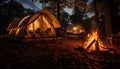 Camping in nature, flame ignites natural phenomenon, tent outdoors generated by AI