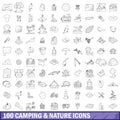 100 camping and nature icons set, outline style Royalty Free Stock Photo