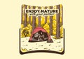 Camping in nature with partner. Vintage outdoor illustration