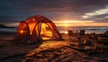 Camping in nature, sunset tent, summer travel, tranquil scene generated by AI Royalty Free Stock Photo