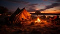 Camping in nature, tent, fire, campfire, flame, vacations, summer, sunset generated by AI Royalty Free Stock Photo