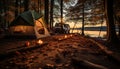 Camping in nature, tent, flame, vacations, adventure, forest, fire generated by AI Royalty Free Stock Photo