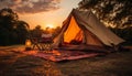 Camping in nature, tent under sunset, adventure in summer generated by AI Royalty Free Stock Photo