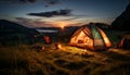 Camping in nature, tent under sunset, mountain adventure, summer hiking generated by AI Royalty Free Stock Photo