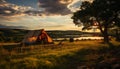 Camping in nature tranquil beauty, sunset paints the landscape generated by AI