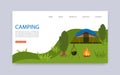 Camping in nature travel agency services vector web template. Campsite with tent and bonfire. Summer camp place Royalty Free Stock Photo