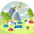 Camping near the mountains. Rest outside the city. In minimalist style Cartoon flat Vector