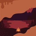 Camping at night with campfire lake mountains vector illustration. Banner or packaging concept. Royalty Free Stock Photo