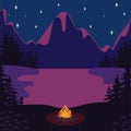 Camping at night with campfire lake mountains vector illustration. Royalty Free Stock Photo